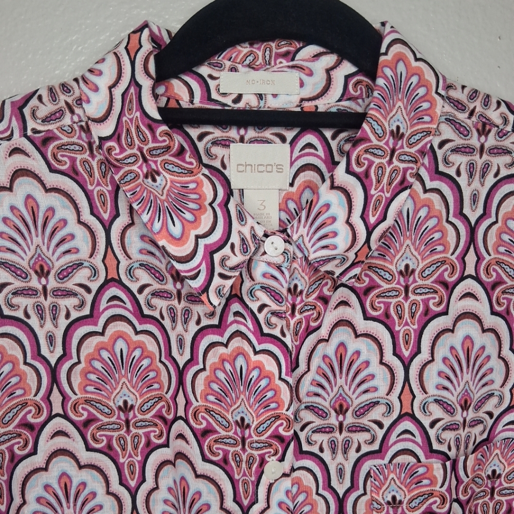Chico's Blouse Linen No Iron Button-up Pink Purple Geo Paisley Sz 3 US XL/16